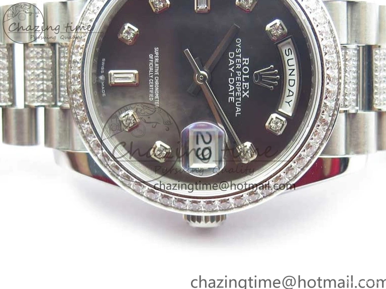 0517 SmoothTexture Day-Date 36mm 128239 SS Crystal BP Best Edition Black MOP Crystal Marker Dial on SS President Bracelet A 2681